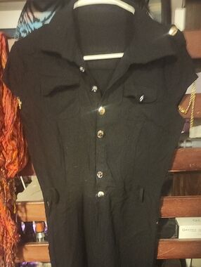 Black Short-Sleeve Button-Front Pantsuit Jumpsuit